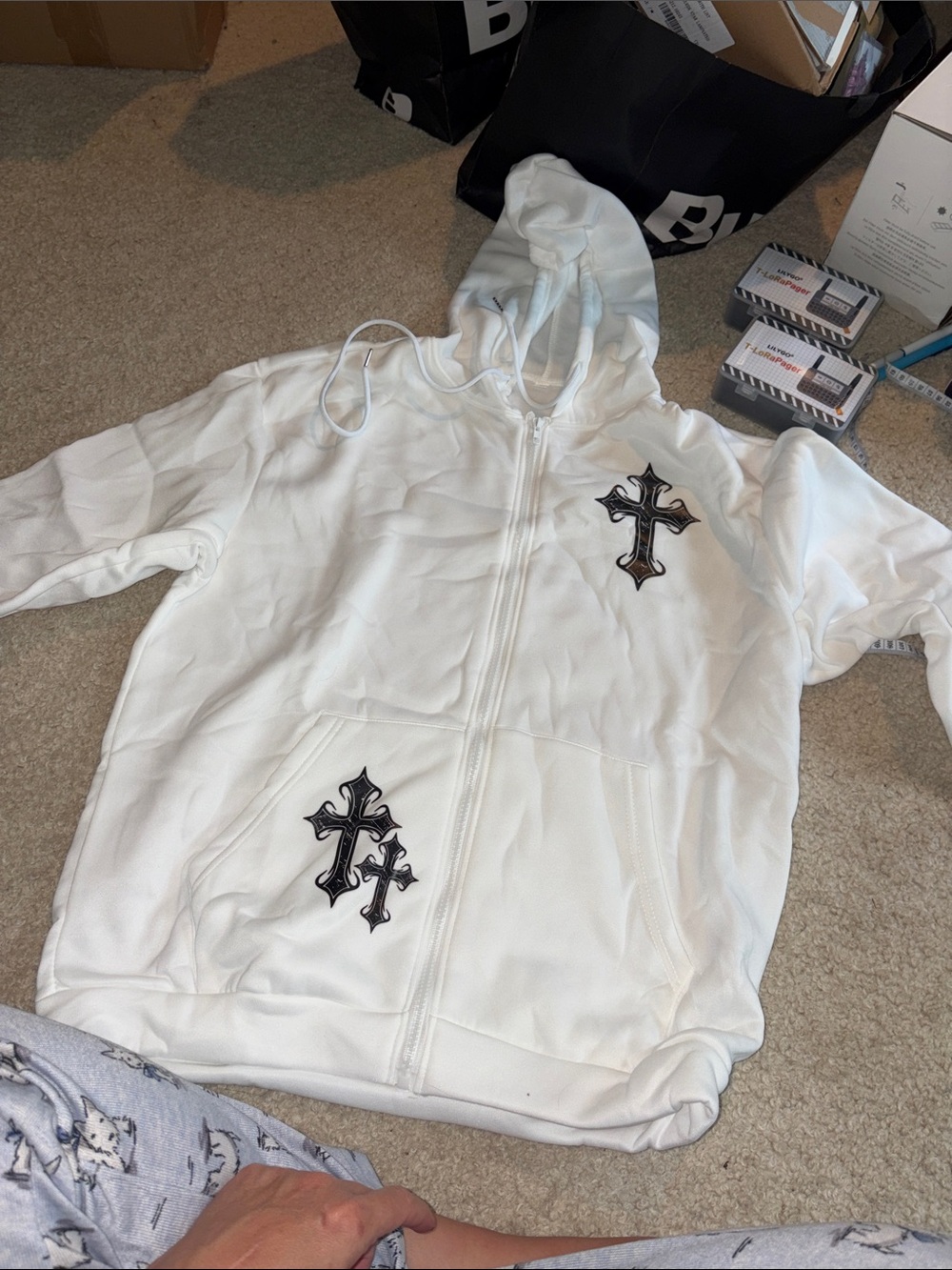 White Zip-Up Hoodie with Cross Appliqués